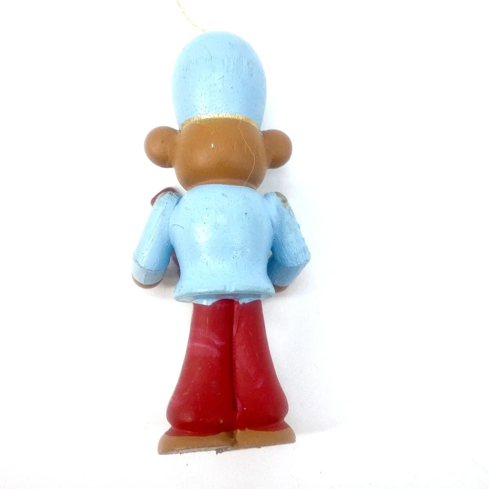 Brown Bear Wood Ornament Holding Playing Red Guitar Blue Top & Hat 3 inches - Picture 2 of 9